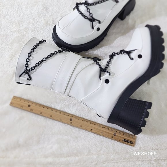 Bratty White Vegan Leather Block Heel Biker Style Goth  Punk Boots - Picture 10 of 10